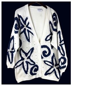 Marisa Christina 2X 18 20 XXL Cardigan Sweater Starfish Nautical Art to Wear